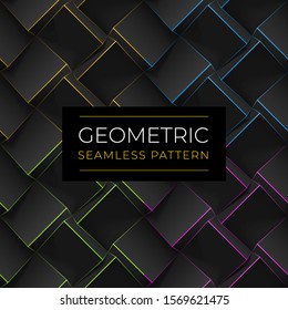 Set of dark geometric seamless patterns. Realistic 3d cubes with thin lines. Vector template for for wallpapers, textile, fabric, wrapping paper, backgrounds. Texture with volume extrude effect.