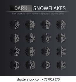 Set of dark gloss snowflake icons suitable for your winter holiday projects. Each of icon is named and placed in a symbol panel. Clipping paths included.