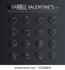Set of dark gloss Valentines day icons suitable for your romance holiday projects. Each of icon is named and placed in a symbol panel. Clipping paths included.
