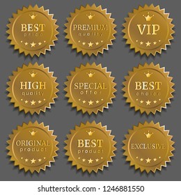 Set of dark gold blank starburst, sunburst badges. Set of golden metallic labels with different inscriptions. Medal templates. Vector illustration.