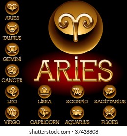 Set of a dark gold glossy zodiac symbols in four colors
