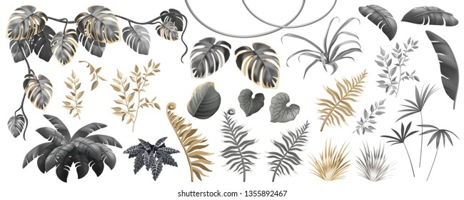 Set dark, gold and silver leaves of tropical exotic plants. Elements palm trees and lianas. Vector isolated 3d illustration.