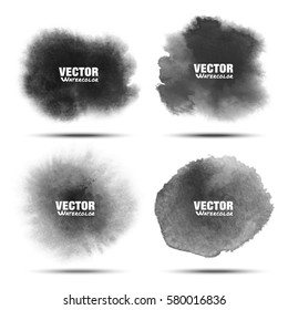 Set Of Dark Gray Black Watercolor Vector Circle Stains Isolated On White Background With Realistic Paper Watercolor Texture. Aquarelle Grey Vibrant Spots. Blur Light Wash Drawing Oval Design Elements