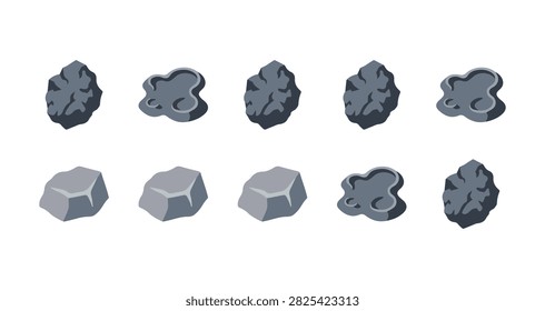 set of dark gray rocks with irregular shapes displaying rough and smooth textures arranged in rows on a clean white background