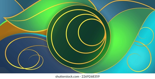 A set of dark green circles with a gold circle line inside in the middle. There was a picture of a leaf with golden lines abstract style adorned around it. It has a circular shape for the logo.