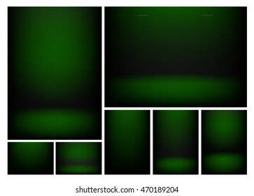 Set of Dark green clear empty studio light vector backgrounds for product presentation, a4 format