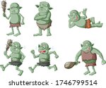 Set of dark green goblin or troll in different poses in cartoon character isolated illustration