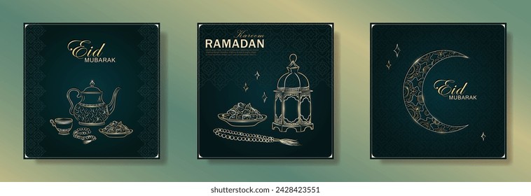 Set of dark green greeting cards with hand drawn linear golden Iftari food, arabic lantern and ornamental Muslim crescent moon for Ramadan holy month. Template of Eid Mubarak square banners