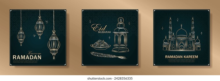 Set of dark green Ramadan Kareem square greeting cards with hand drawn linear golden Mosque, Arabic lanterns, dates for Iftar, Muslim rosary praying beads. Template of Eid Mubarak outline banners