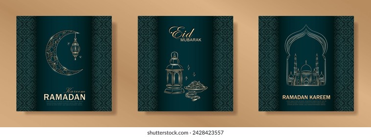 Set of dark green Ramadan Kareem square greeting cards with hand drawn linear golden Mosque, crescent moon, Arabic lantern, dates, Muslim rosary praying beads and arabesque pattern frame