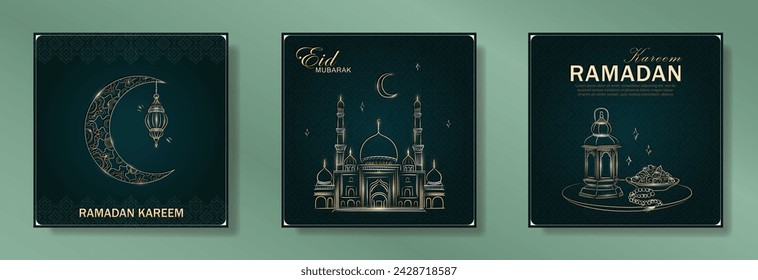 Set of dark green Ramadan Kareem square greeting cards with hand drawn linear golden Mosque, crescent moon, Arabic lantern, dates, Muslim rosary praying beads. Template of Eid Mubarak outline banners