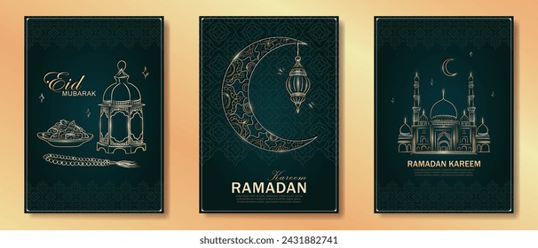 Set of dark green Ramadan Kareem vertical greeting cards with hand drawn linear golden Mosque, crescent moon, Arabic lantern, dates, Muslim rosary praying beads. Template of Eid Mubarak outline banner