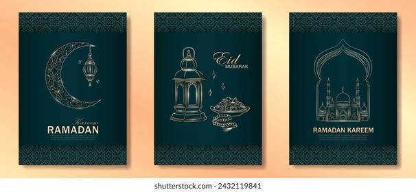 Set of dark green Ramadan Kareem vertical greeting cards with hand drawn linear golden Mosque, crescent moon, Arabic lantern, dates, Muslim rosary praying beads and arabesque pattern frame