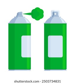 Set of dark green spray paint cans with silver caps, one spraying paint. Flat vector illustration isolated on white background. Art supplies and graffiti concept. Perfect for creative projects