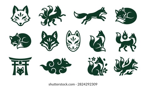 Set of dark green stylized fox and kitsune icons including nine-tailed spirits, Japanese masks, torii gate, and foxes in jumping, sleeping, and sitting poses on a white background.