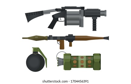 Set of dark green war weapons and gun for killing people
