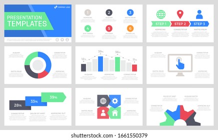 Set of dark grey, blue, green and red elements for multipurpose presentation template slides with graphs and charts.
