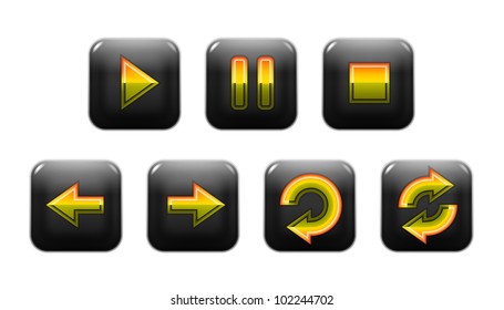 Set of dark grey buttons with yellow and green signs for the media player vector