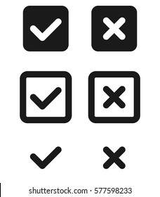 Set of dark grey gray black and white monochrome check mark icons tick and X in squares with rounded corners flat design minimalistic vector illustration on white background