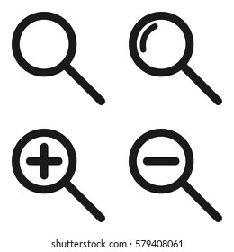 Set of dark grey gray black outline magnifying glass search zoom in and out settings pointer mouse cursor button icons on a white background trendy minimalistic flat design vector illustration