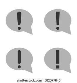 Set of dark grey gray black exclamation mark symbols in dark light speech talking typing writing bubbles alert alarm error popup notification sign on white background vector illustration flat design
