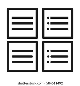 Set of dark grey gray black menu options settings three lines dots circles squares buttons icons in outline black circles on a white background flat design vector illustration pictogram