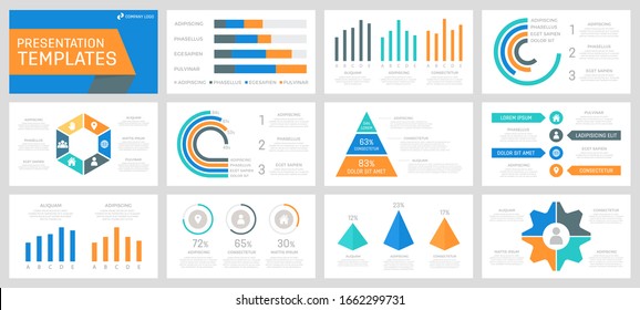 Set of dark grey, turquoise, orange and blue elements for multipurpose presentation template slides with graphs and charts.