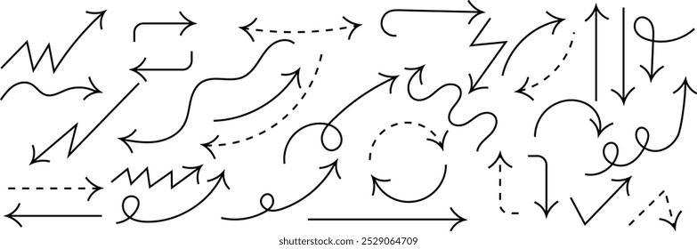 Set of dark hand drawn arrows of different shape. Design element.