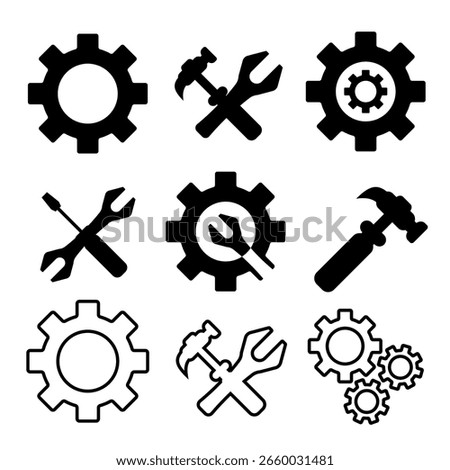 Set of dark icons, outlines of settings, and tools in cartoon style. Vector illustration of graphic icons of tools, gears, wrenches, hammers, screwdrivers, maintenance, isolated on white background.