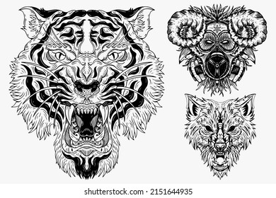 Set Dark illustration Beast Tiger Wolf Goat Head Bones Hand drawn Hatching Outline Style for Tattoo Merchandise T-shirt Merch vintage