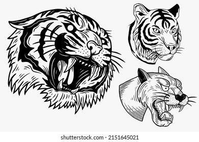 Set Dark illustration Beast Tiger Panther Head Bones Hand drawn Hatching Outline Style for Tattoo Merchandise T-shirt Merch vintage