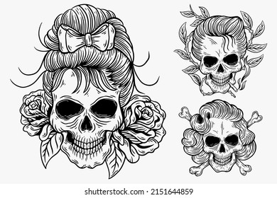 Set Dark illustration Man and Women Skull Head Bones Hand drawn Hatching Outline Style for Tattoo Merchandise T-shirt Merch vintage