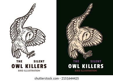 Set Dark illustration Owl Bird Head and Pose Hand drawn Hatching Outline Symbol Tattoo Merchandise T-shirt Merch vintage