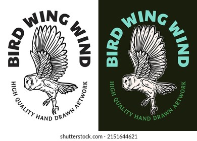 Set Dark illustration Owl Bird Head and Pose Hand drawn Hatching Outline Symbol Tattoo Merchandise T-shirt Merch vintage