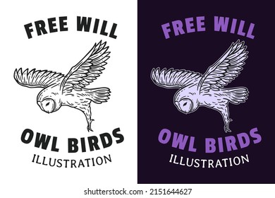 Set Dark illustration Owl Bird Head and Pose Hand drawn Hatching Outline Symbol Tattoo Merchandise T-shirt Merch vintage