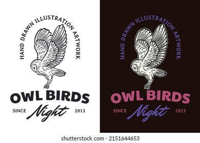 Set Dark illustration Owl Bird Head and Pose Hand drawn Hatching Outline Symbol Tattoo Merchandise T-shirt Merch vintage