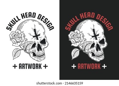 Set Dark illustration Skull Bones Head Hand drawn Hatching Outline Style Mystical Celestial Symbol Tattoo Merchandise T-shirt Merch vintage