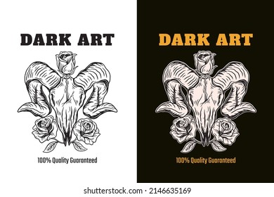 Set Dark illustration Skull Bones Head Hand drawn Hatching Outline Style Mystical Celestial Symbol Tattoo Merchandise T-shirt Merch vintage