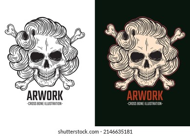 Set Dark illustration Skull Bones Head Hand drawn Hatching Outline Style Mystical Celestial Symbol Tattoo Merchandise T-shirt Merch vintage