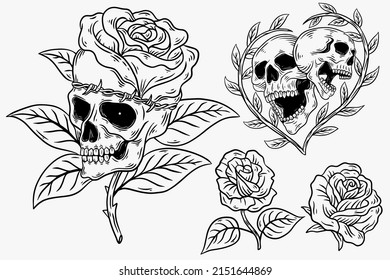 Set Dark illustration Skull Head Bones With Rose Hand drawn Hatching Outline Style for Tattoo Merchandise T-shirt Merch vintage