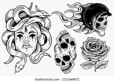 Set Dark illustration Skull Head Bones Hand drawn Hatching Outline Style for Tattoo Merchandise T-shirt Merch vintage