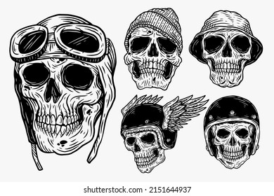 Set Dark illustration Skull Head Bones With Hat and Helmet Hand drawn Hatching Outline Style for Tattoo Merchandise T-shirt Merch vintage