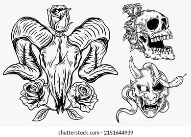 Set Dark illustration Skull Head Bones With Rose Hand drawn Hatching Outline Style for Tattoo Merchandise T-shirt Merch vintage