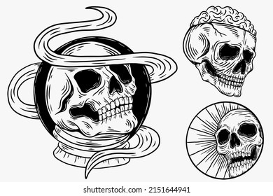 Set Dark illustration Skull Head Bones Hand drawn Hatching Outline Style for Tattoo Merchandise T-shirt Merch vintage