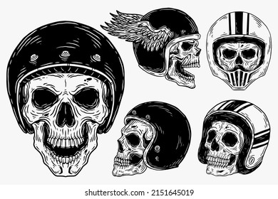 Set Dark illustration Skull Head Bones Rider With Helmet Hand drawn Hatching Outline Style for Tattoo Merchandise T-shirt Merch vintage