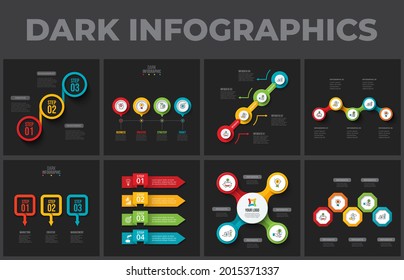 Conjunto de plantillas de infografía oscuras. Círculos, diagramas y elementos de flechas. Concepto de visualización de datos empresariales. Ilustración vectorial para presentación o informe estadístico.