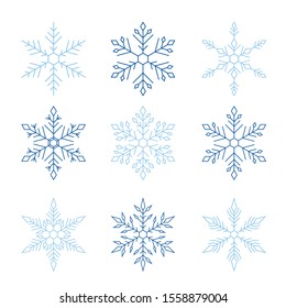 Set dark and light blue of snowflakes (icons) on white isolated background. Suitable for web, banner, poster, postcard.
