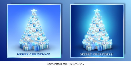 Set of dark and light bright Xmas greeting cards with frozen silver firs and decorations - bows, baubles, tinsel, and shining star. Christmas tree with gifts on cyan gradient background