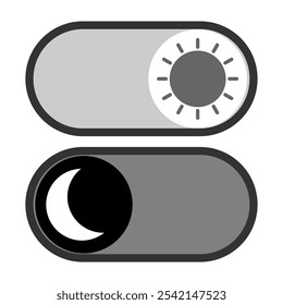Set of dark and light mode icons. day, night, sun and moon signs and symbols for app, user interface, and website. Editable color and stroke of buttons. Isolated on transparent background. Vector