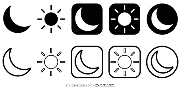 Set of dark and light mode icons. day, night, sun and moon signs and symbols for app, user interface, and website. Editable stroke of buttons. Isolated on transparent background. Vector